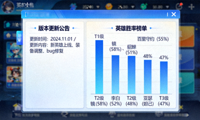 版本更新公告界面与英雄胜率榜单数据可视化图