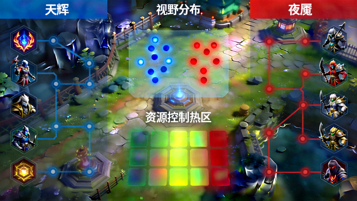 DOTA2 TI赛事战术沙盘推演界面,展示双方阵容走位、视野分布与资源控制热区