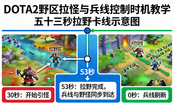 DOTA2野区拉怪与兵线控制时机教学,五十三秒拉野卡线示意图