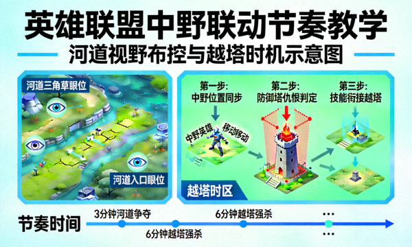 英雄联盟中野联动节奏教学,河道视野布控与越塔时机示意图
